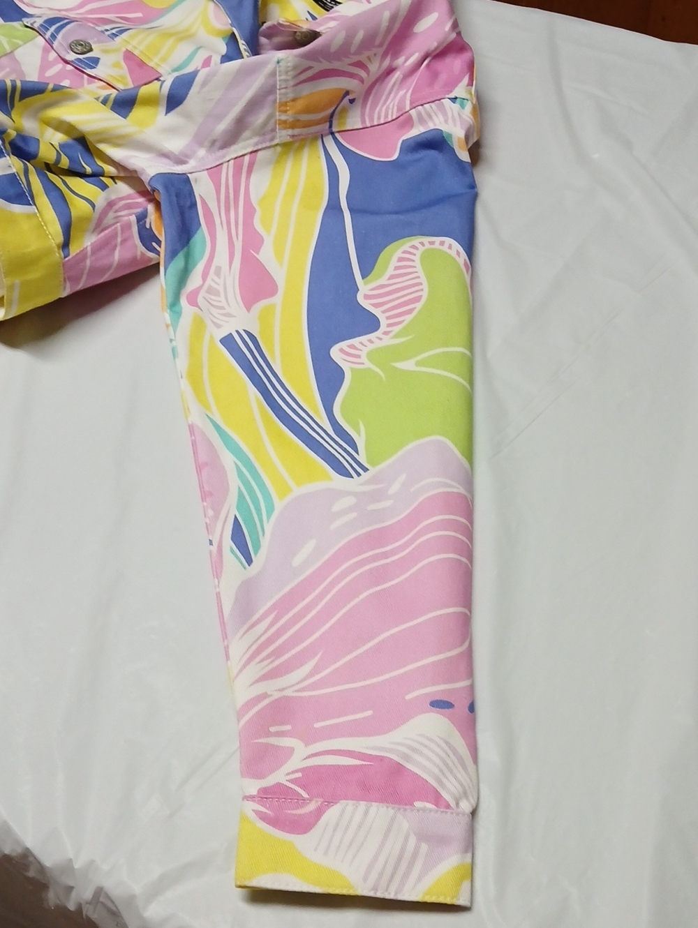 Jaded London Cropped Denim Trucker Jacket Multicolor Tropical Floral Print Sz L - Picture 7 of 16